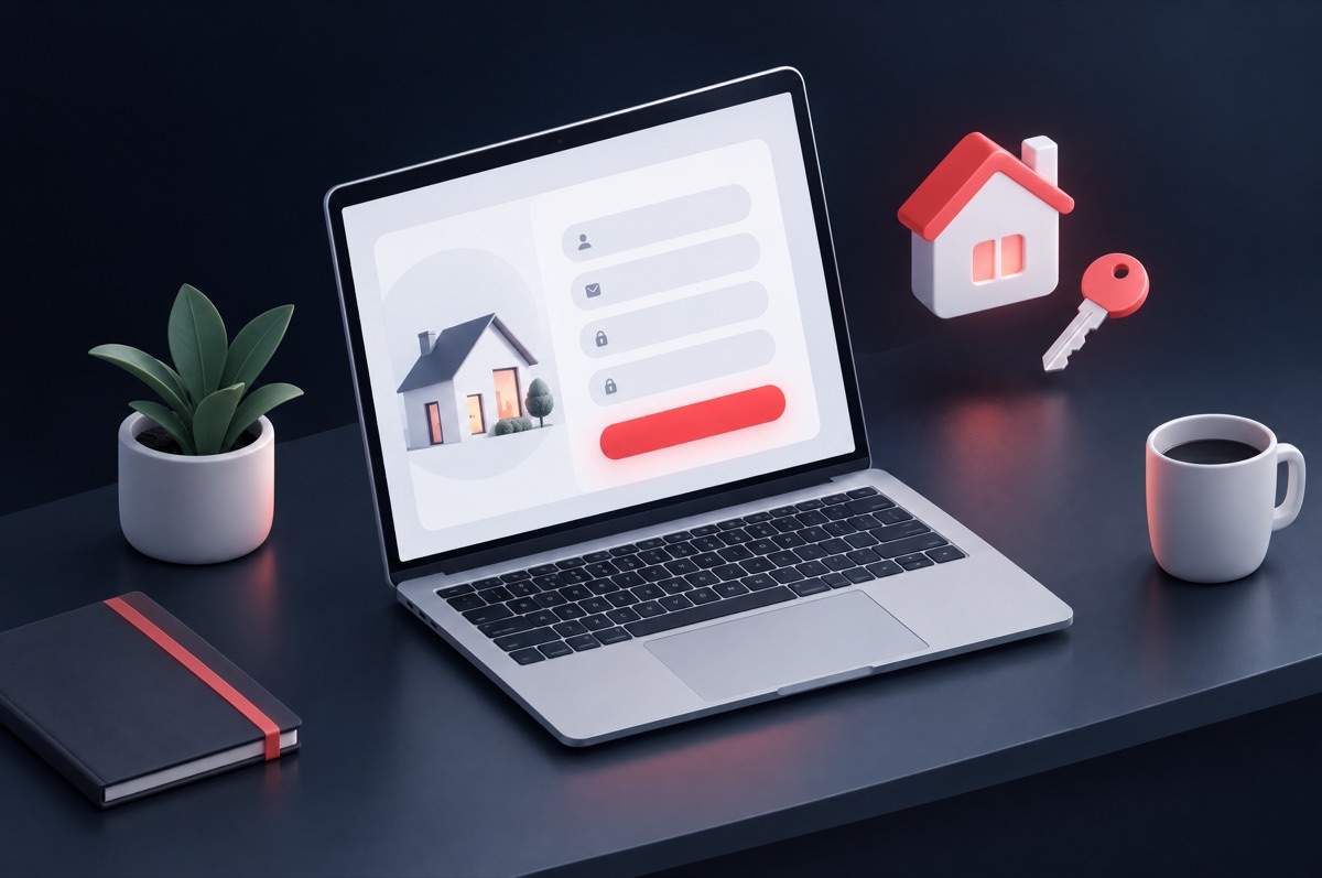 Laptop showing a sign-up form beside a small house and key