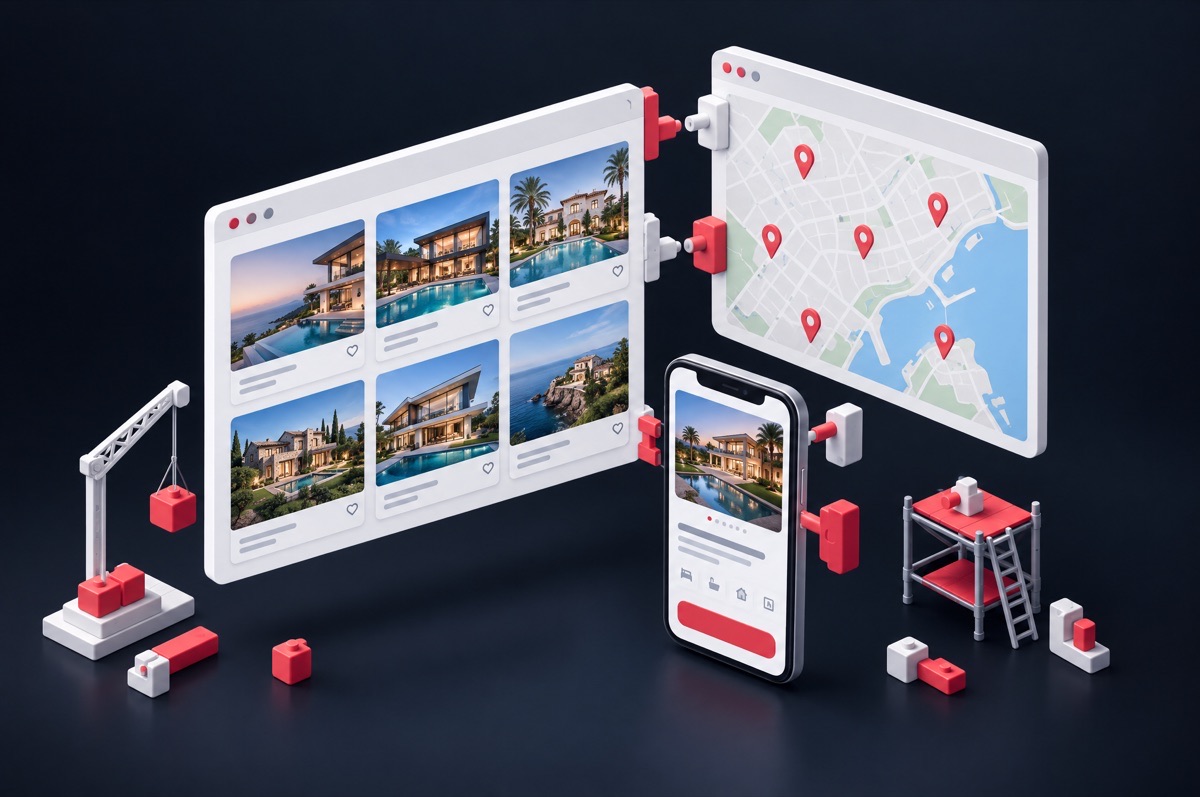 Browser panels with listings and a map being assembled into a website